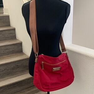 VINTAGE Calvin Klein Vibrant Red Crossbody/ Messenger Bag with Tan Strap.